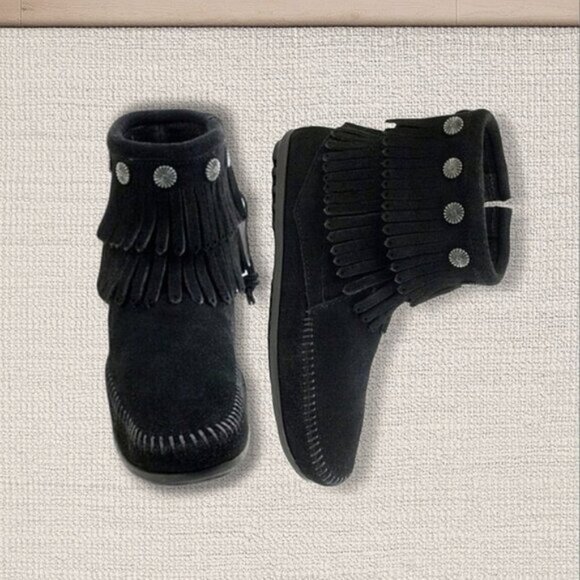 Minnetonka Double Fringe Suede Ankle Boots - Picture 3 of 12